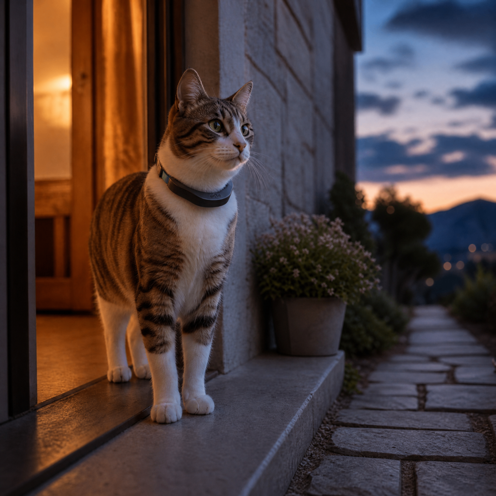 Katze mit petTracer Halsband auf der Türschwelle am Abend (Symbolbild)