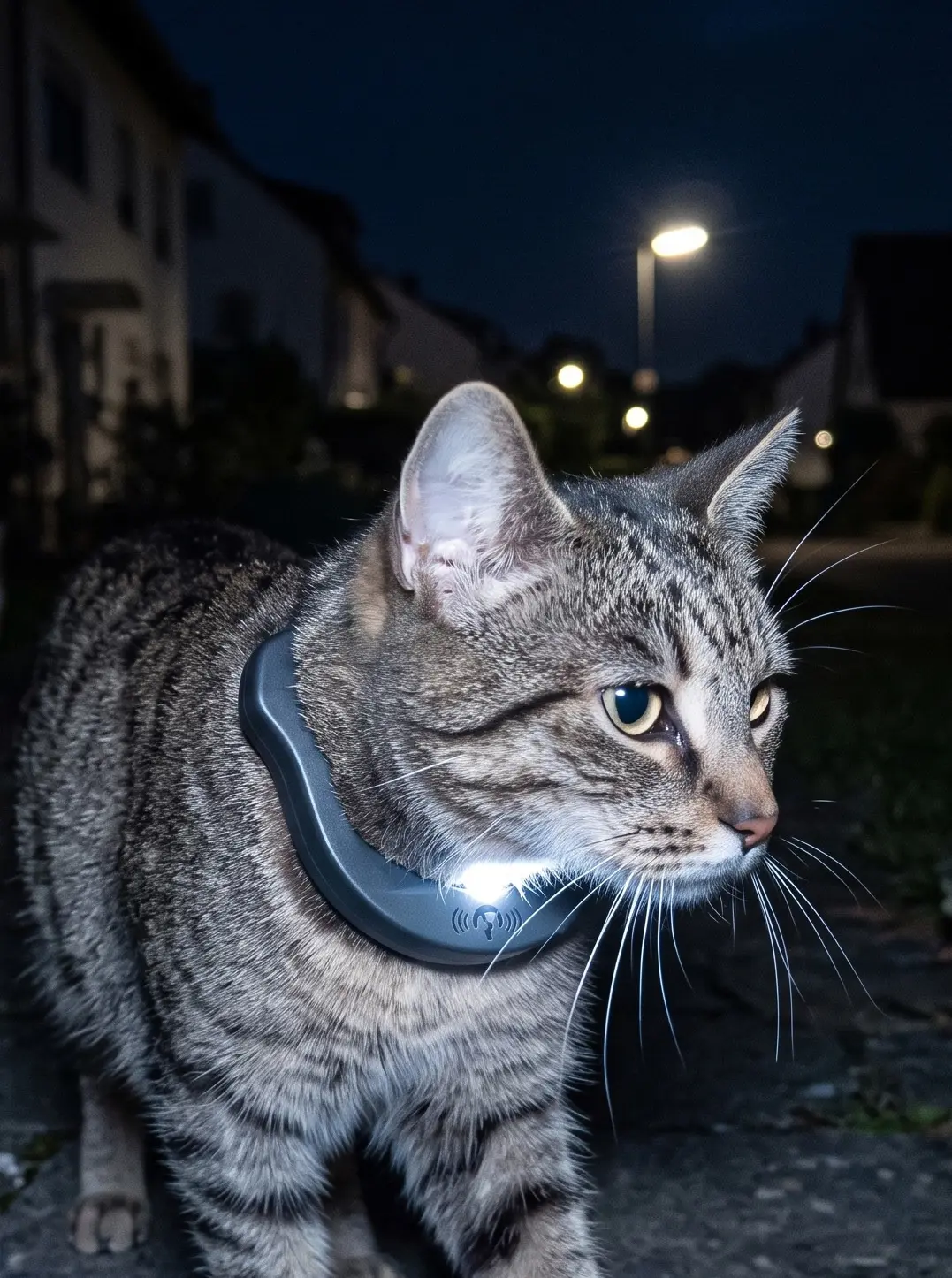 Katze mit petTracer Halsband und integrierter LED bei Dämmerung