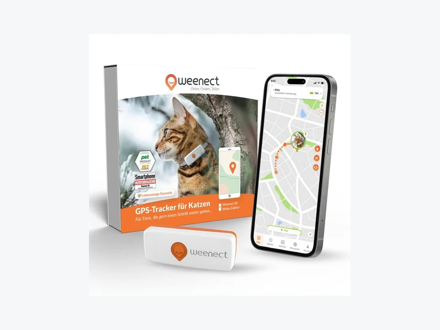 Weenect XS Tracker mit Verpackung und App